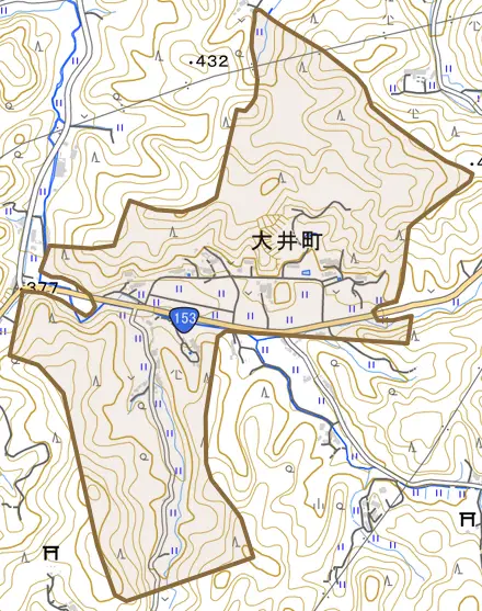 大井町とその周辺の地図。町の範囲を重ねている
