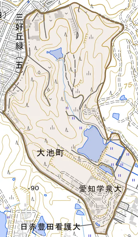 大池町とその周辺の地図。町の範囲を重ねている