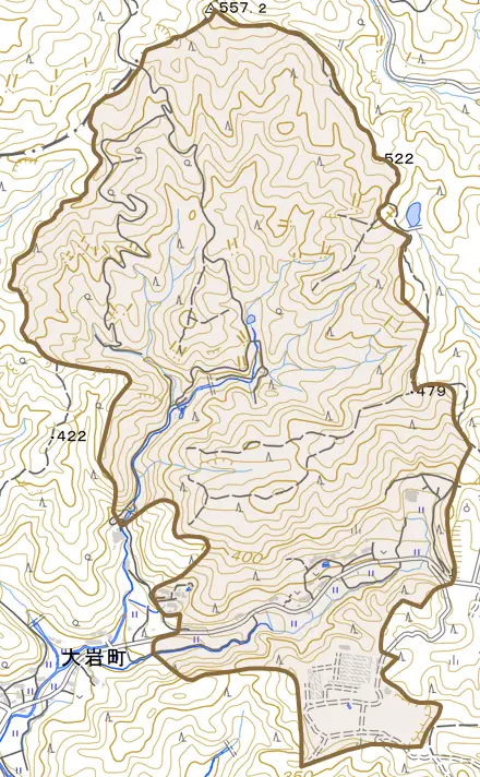 大岩町とその周辺の地図。町の範囲を重ねている
