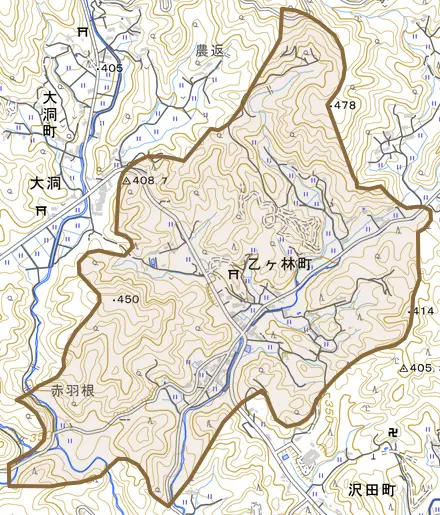 乙ケ林町とその周辺の地図。町の範囲を重ねている