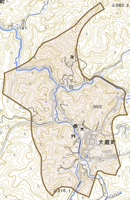 大蔵町とその周辺の地図。町の範囲を重ねている