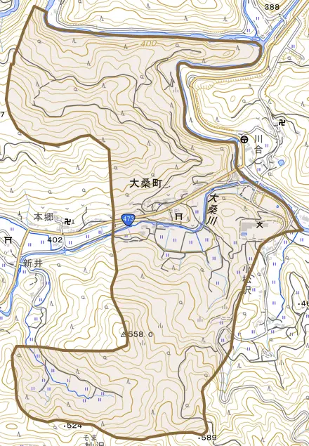 大桑町とその周辺の地図。町の範囲を重ねている