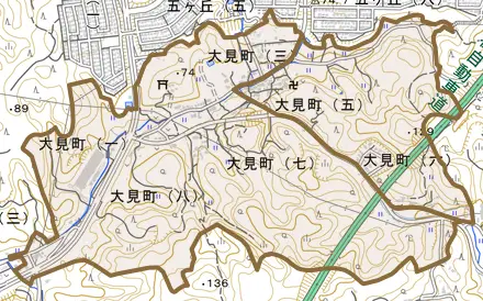 大見町とその周辺の地図。町の範囲を重ねている