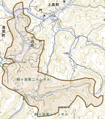 小呂町とその周辺の地図。町の範囲を重ねている
