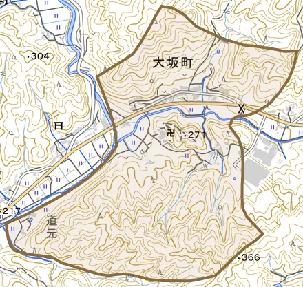 大坂町とその周辺の地図。町の範囲を重ねている