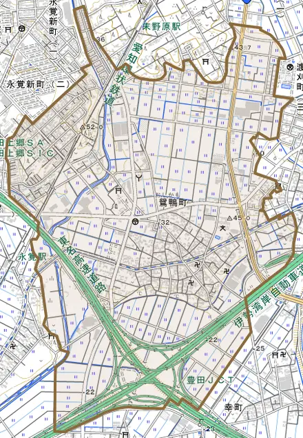 鴛鴨町とその周辺の地図。町の範囲を重ねている