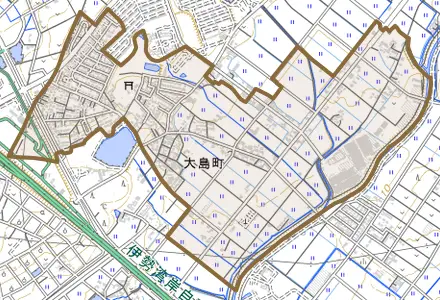 大島町とその周辺の地図。町の範囲を重ねている