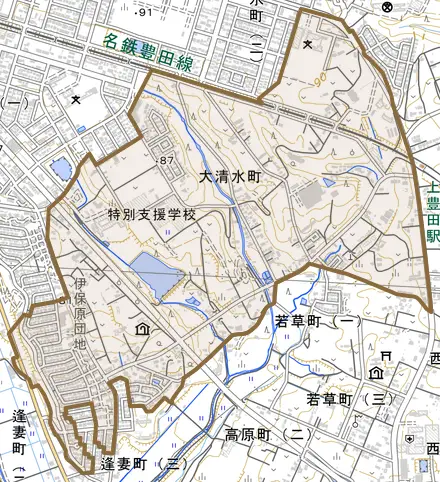 大清水町とその周辺の地図。町の範囲を重ねている