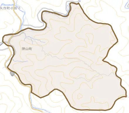 押山町とその周辺の地図。町の範囲を重ねている