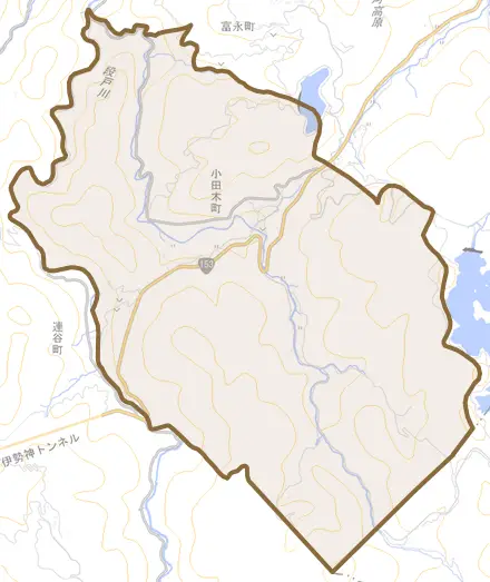 小田木町とその周辺の地図。町の範囲を重ねている