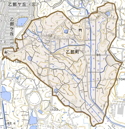 乙部町とその周辺の地図。町の範囲を重ねている
