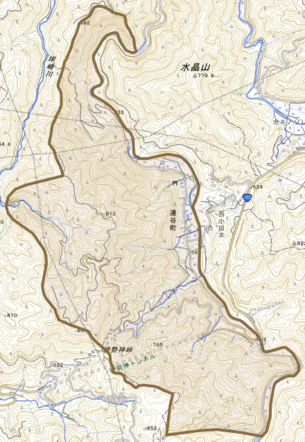 連谷町とその周辺の地図。町の範囲を重ねている