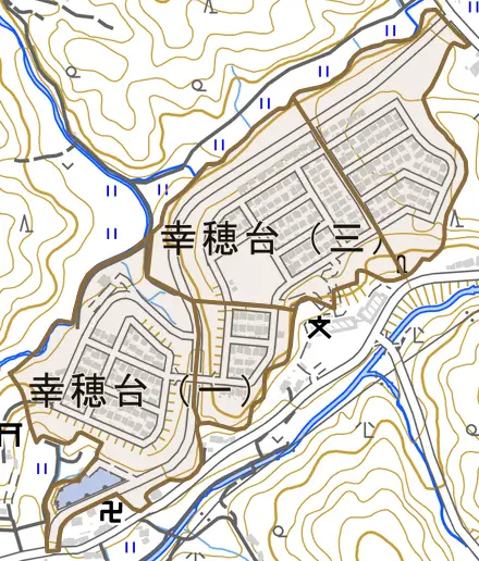 幸穂台とその周辺の地図。町の範囲を重ねている