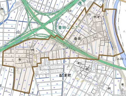 幸町とその周辺の地図。町の範囲を重ねている