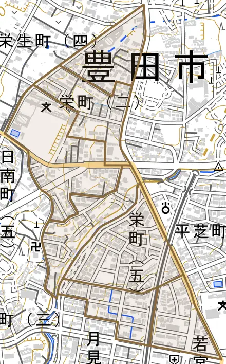 栄町とその周辺の地図。町の範囲を重ねている