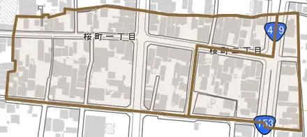 桜町とその周辺の地図。町の範囲を重ねている