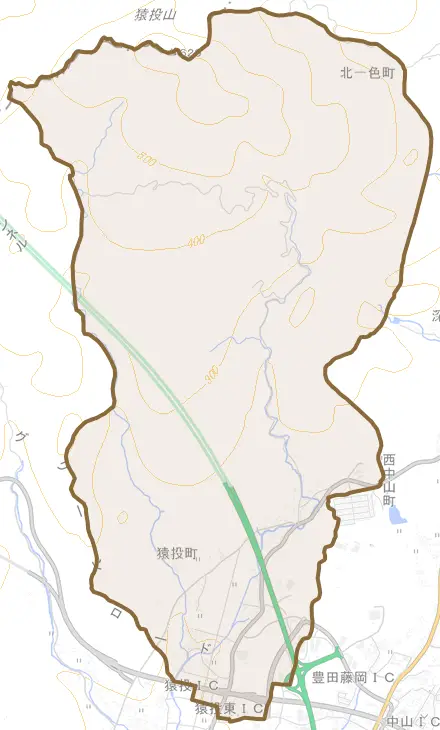 猿投町とその周辺の地図。町の範囲を重ねている