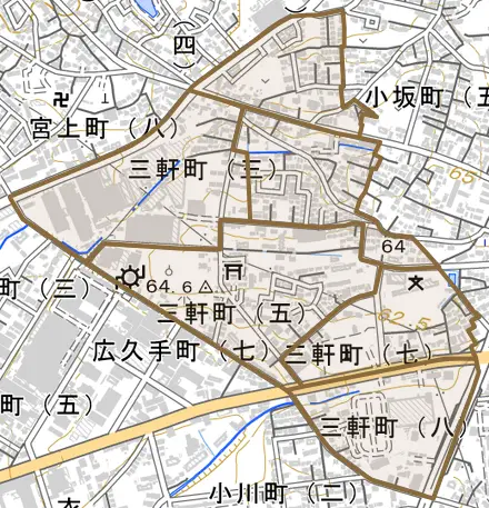 三軒町とその周辺の地図。町の範囲を重ねている