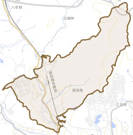 篠原町とその周辺の地図。町の範囲を重ねている