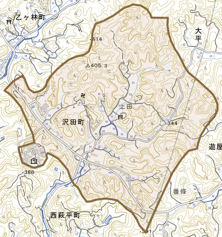 沢田町とその周辺の地図。町の範囲を重ねている