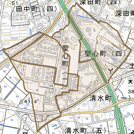 聖心町とその周辺の地図。町の範囲を重ねている