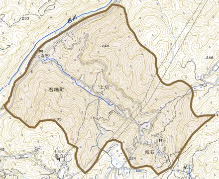 石楠町とその周辺の地図。町の範囲を重ねている