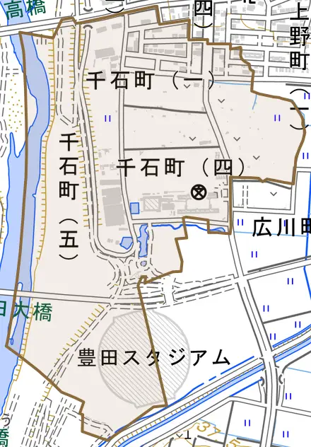 千石町とその周辺の地図。町の範囲を重ねている