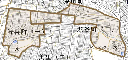 渋谷町とその周辺の地図。町の範囲を重ねている