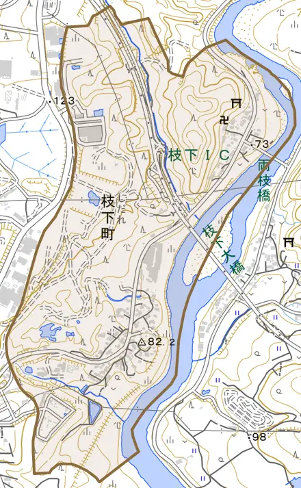 枝下町とその周辺の地図。町の範囲を重ねている
