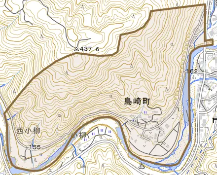 島崎町とその周辺の地図。町の範囲を重ねている