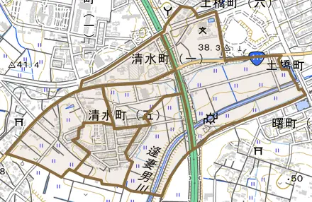 清水町とその周辺の地図。町の範囲を重ねている