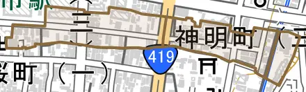 神明町とその周辺の地図。町の範囲を重ねている