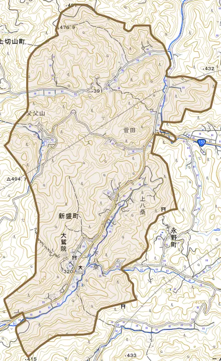新盛町とその周辺の地図。町の範囲を重ねている