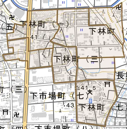 下林町とその周辺の地図。町の範囲を重ねている