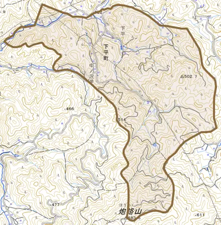 下平町とその周辺の地図。町の範囲を重ねている