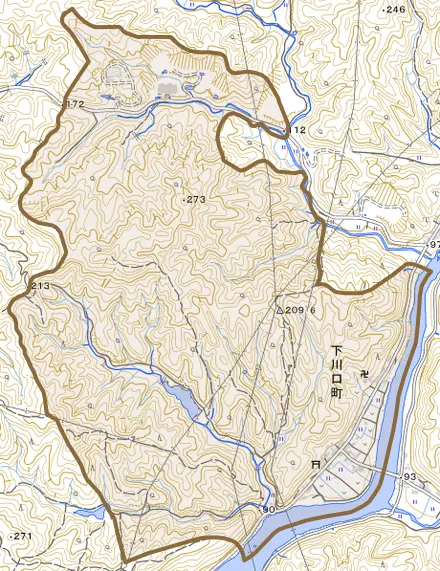 下川口町とその周辺の地図。町の範囲を重ねている