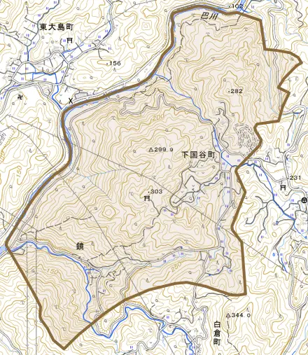 下国谷町とその周辺の地図。町の範囲を重ねている