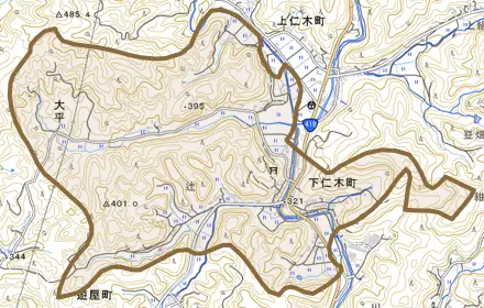 下仁木町とその周辺の地図。町の範囲を重ねている