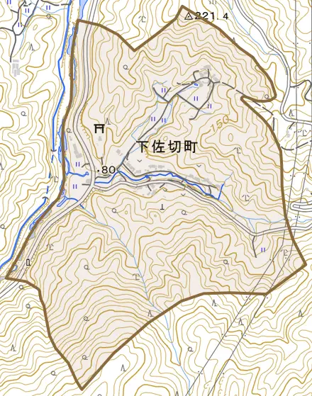 下佐切町とその周辺の地図。町の範囲を重ねている
