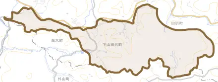 下山田代町とその周辺の地図。町の範囲を重ねている