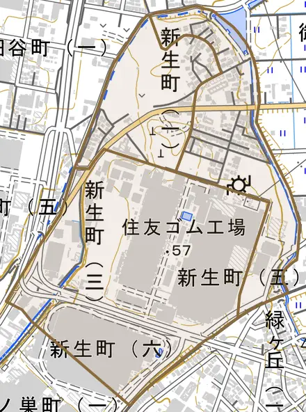 新生町とその周辺の地図。町の範囲を重ねている