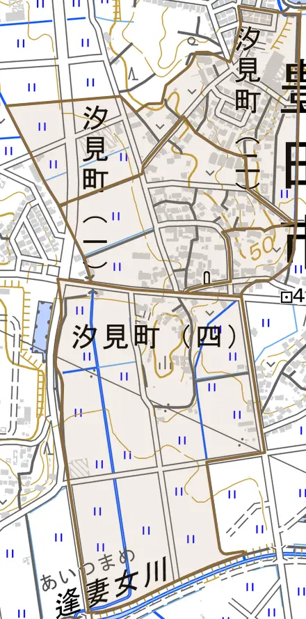 汐見町とその周辺の地図。町の範囲を重ねている