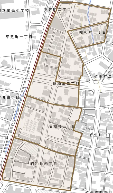 昭和町とその周辺の地図。町の範囲を重ねている