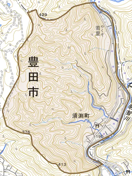 須渕町とその周辺の地図。町の範囲を重ねている