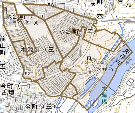 水源町とその周辺の地図。町の範囲を重ねている
