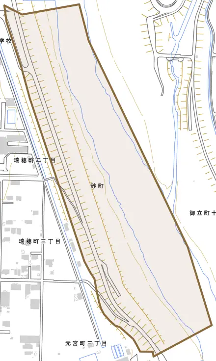 砂町とその周辺の地図。町の範囲を重ねている