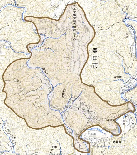浅谷町とその周辺の地図。町の範囲を重ねている
