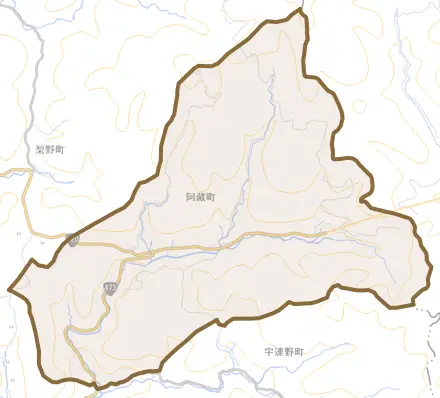 阿蔵町とその周辺の地図。町の範囲を重ねている