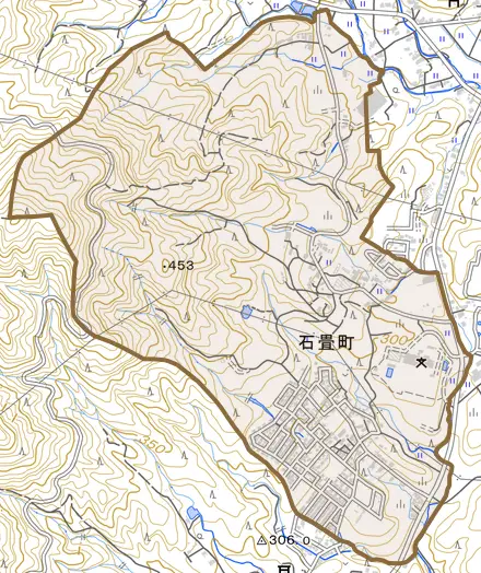 石畳町とその周辺の地図。町の範囲を重ねている
