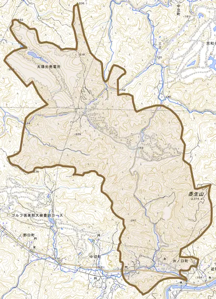井ノ口町とその周辺の地図。町の範囲を重ねている